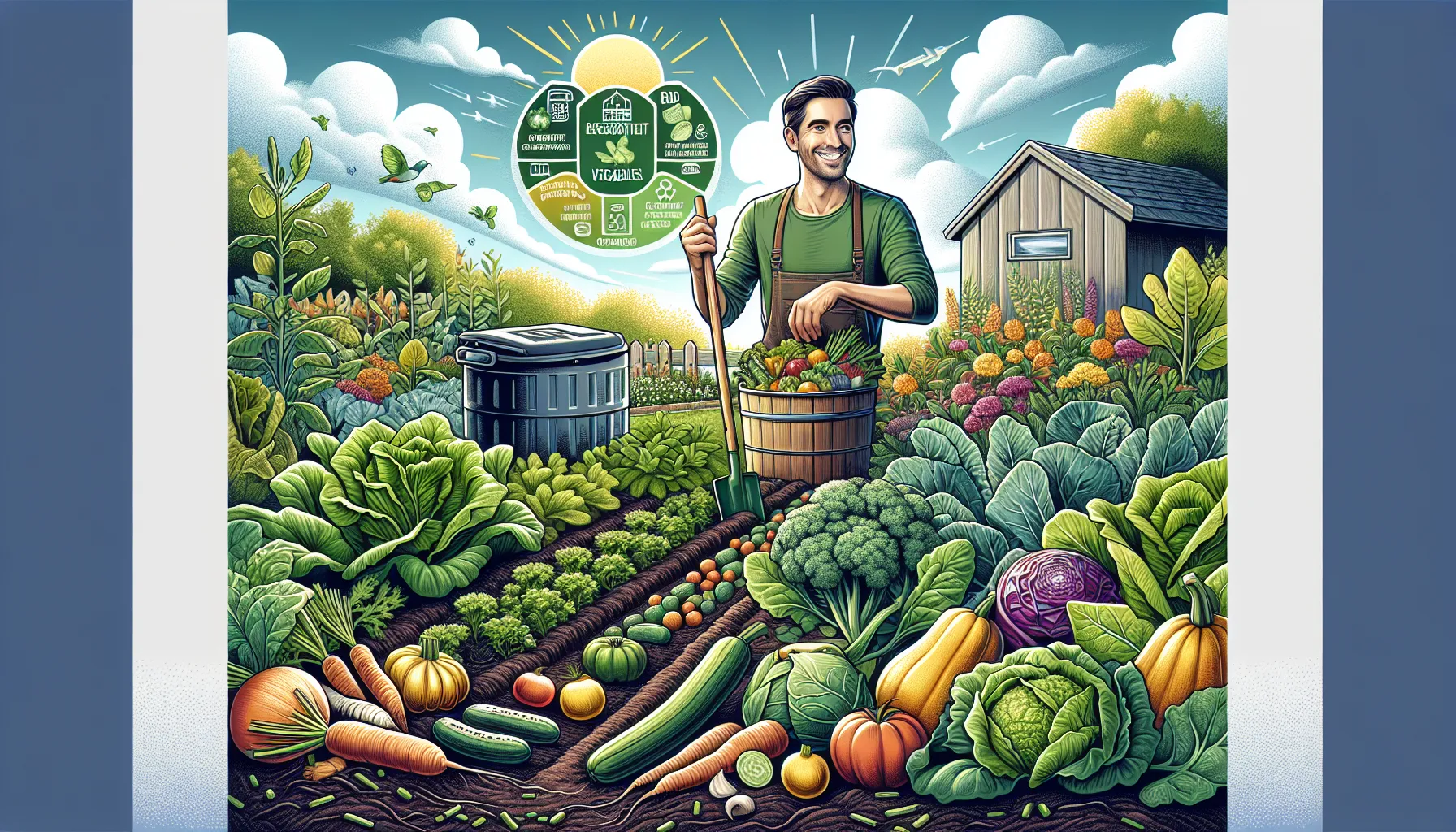A smiling person holds a basket of freshly harvested vegetables, standing in a vibrant garden abundant with various plant vegetables.