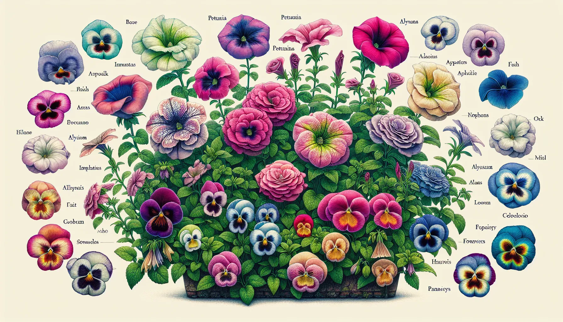 Alt text: An illustration displaying a variety of small flowers types with their names labeled, including roses and petunias, arranged on a bushy green background.