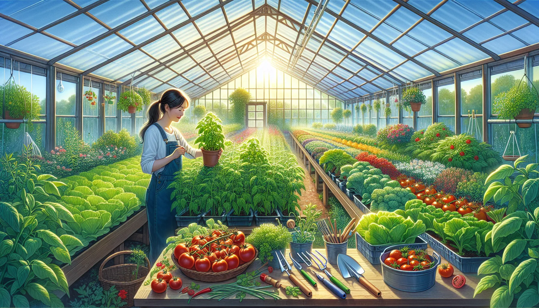 A person tends to plants among lush rows of various vegetables inside a sunlit, sprawling vegetable greenhouse.