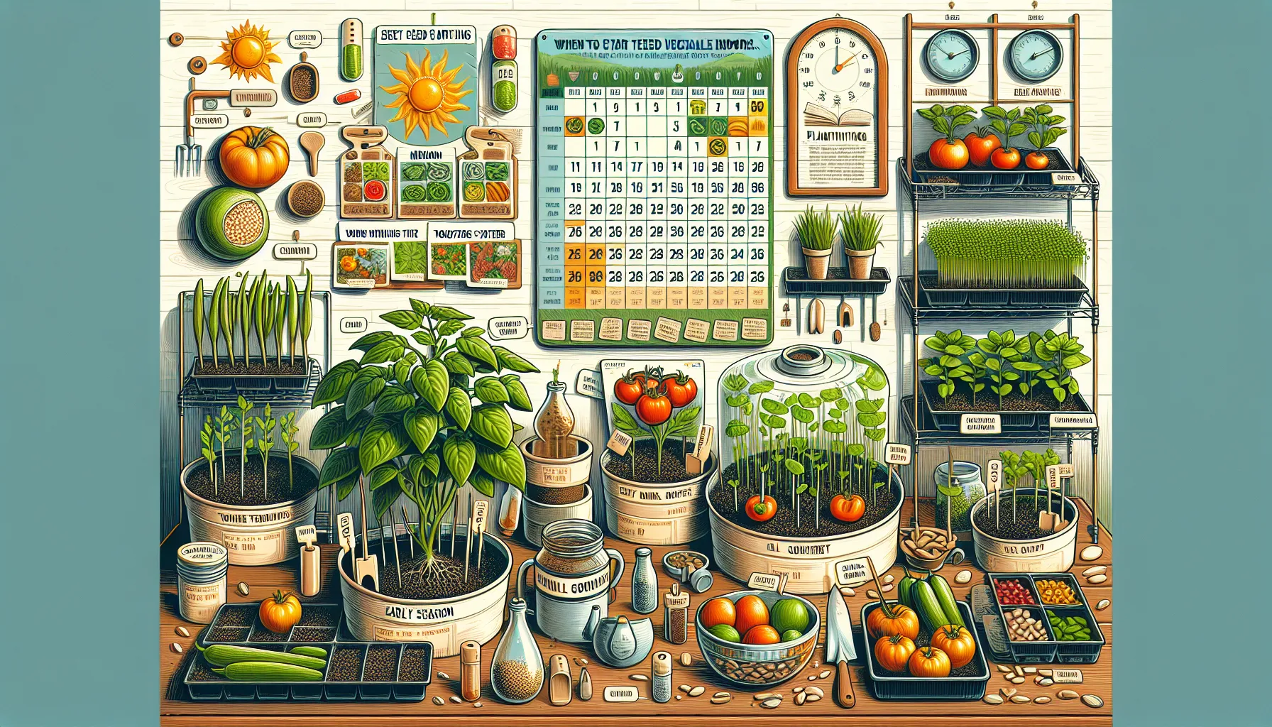 An illustrated guide showing when to start vegetable seeds indoors, with various plants and tools arranged on shelves and a table.