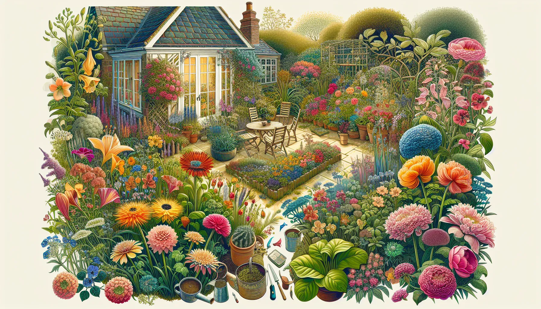 A vibrant illustration of a diverse array of yard flowers blooming around a quaint garden with a glasshouse and a seating area.