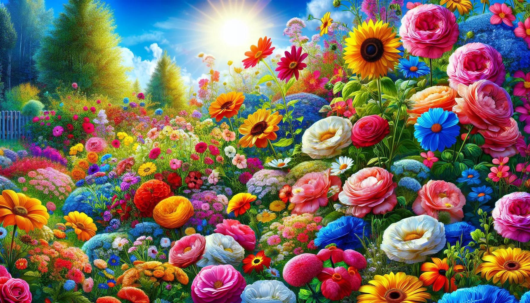 A vibrant and colorful display of assorted yard flowers in full bloom under a bright sunny sky.