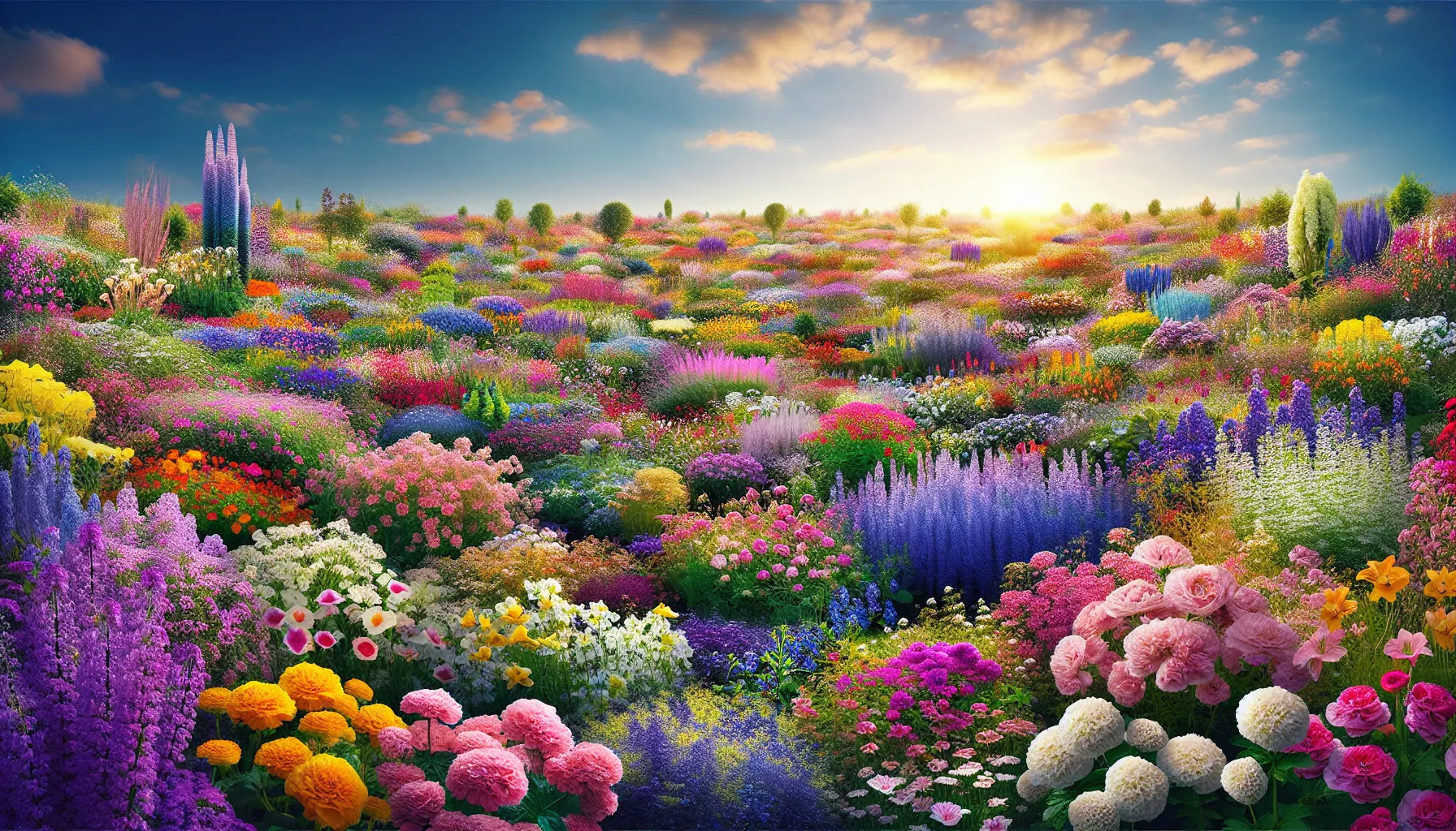 A vibrant panorama of yard flowers in full bloom under a sunset sky.