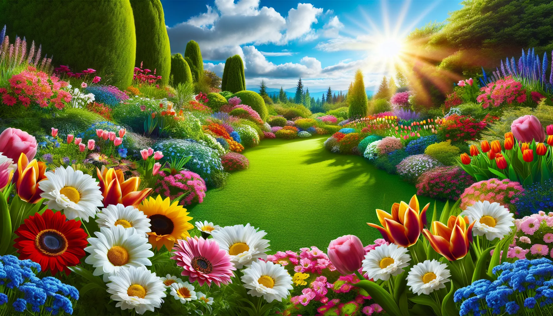 A vibrant and well-manicured garden bursting with colorful yard flowers under a sunny sky.