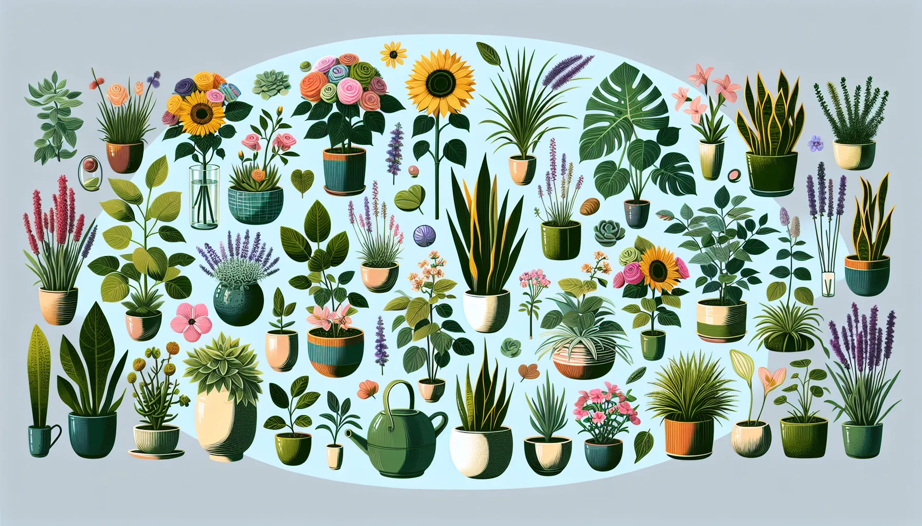A diverse collection of illustrated flowers and plants in various pots and containers against a light background.