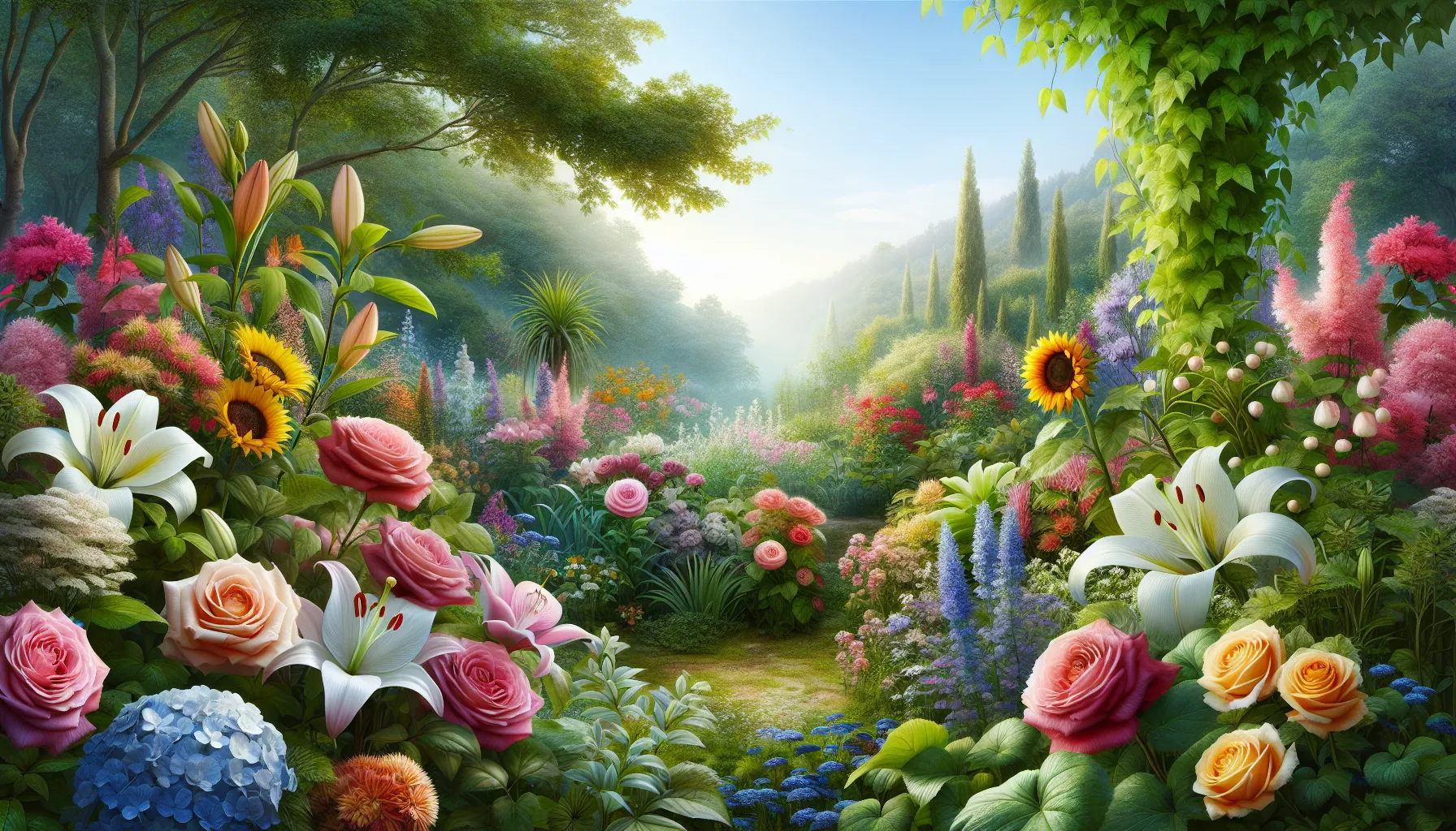 An enchanting garden path lined with a vibrant array of flowers and plants, leading into a misty, sunlit forest.