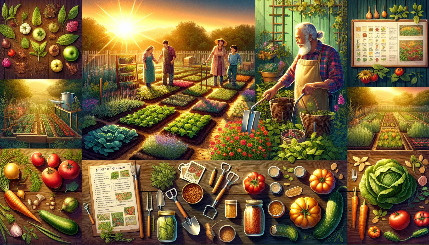 Lush veggie garden montage depicting vibrant vegetables, happy gardeners at work, and gardening tools, highlighted by a warm sunrise.