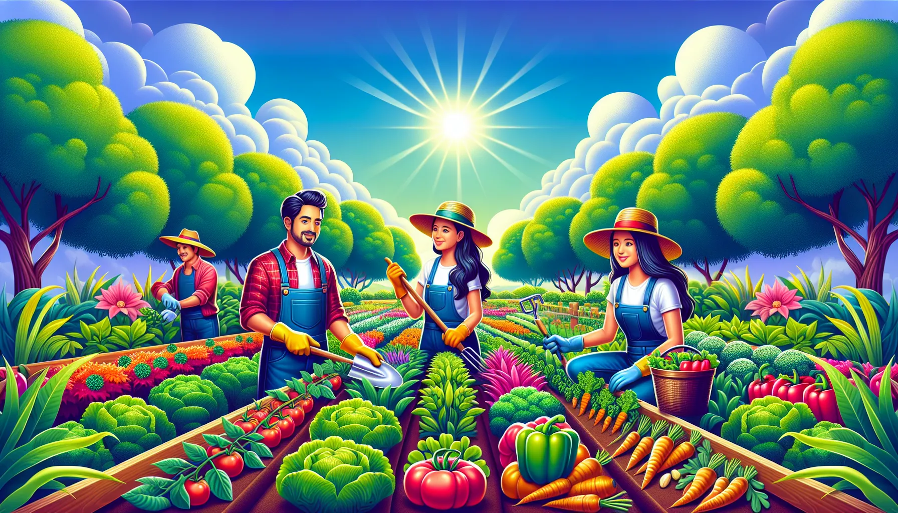 Colorful illustration of four people working in a vibrant veggie garden under a bright, sunny sky.