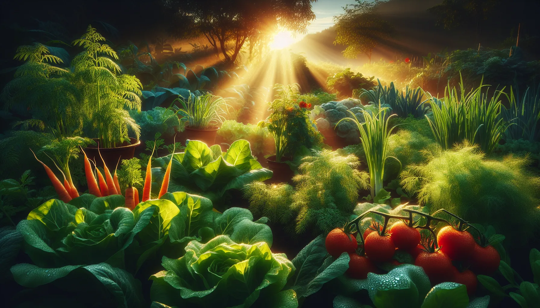 Sunrays illuminate a lush veggie garden with carrots, tomatoes, and leafy greens thriving in the early morning light.